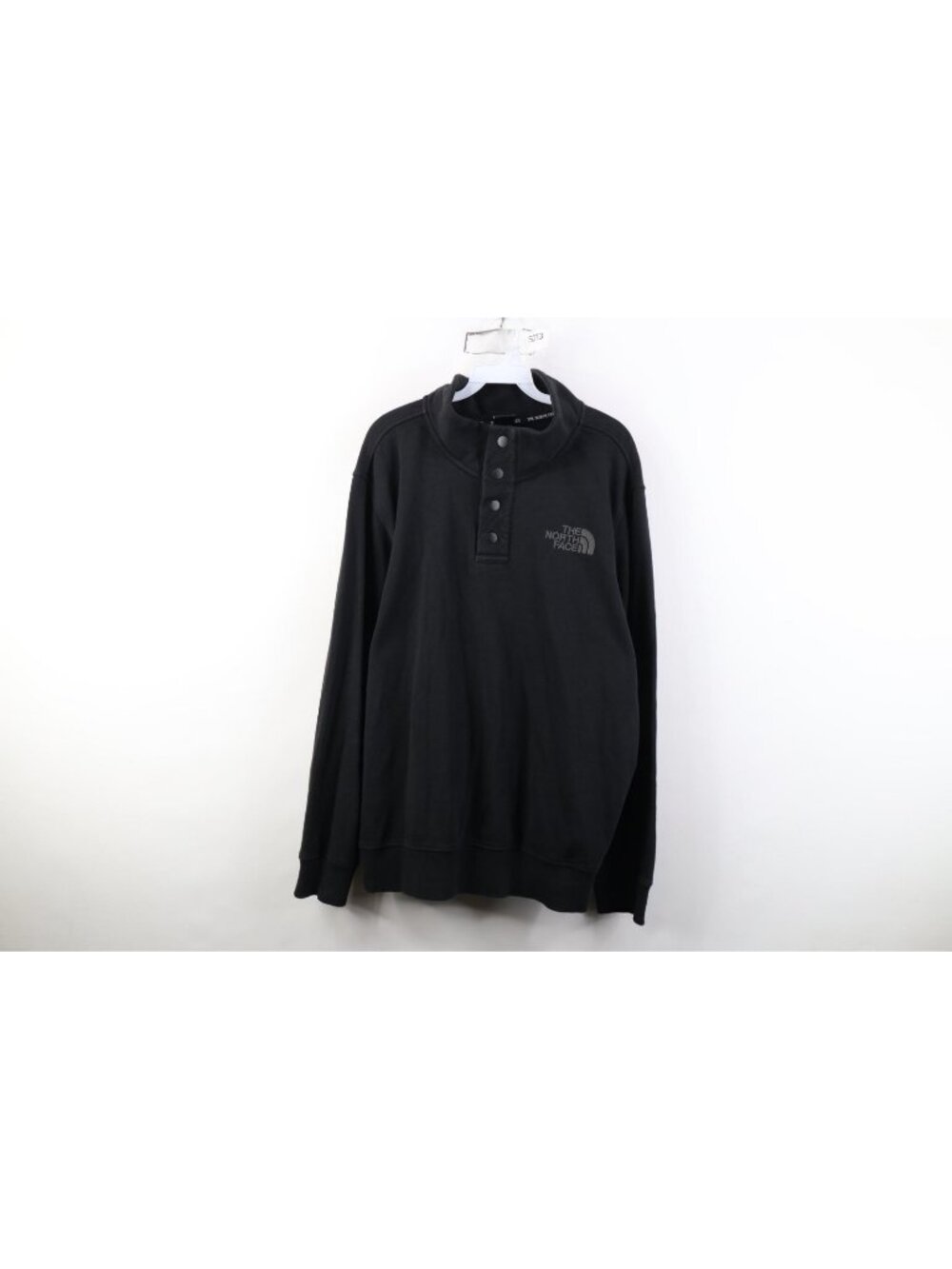 Y2K The North Face Mens XL Faded Spell Out Snap Button Pullover Sweatshirt Black